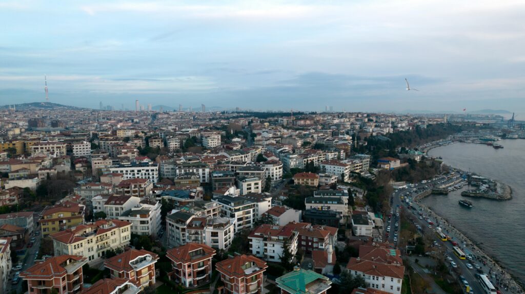 A stunning aerial view of Üsküdar in Istanbul, showcasing its urban landscape and waterfront.